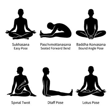 Set of six black silhouette yoga poses with descriptive text labels.