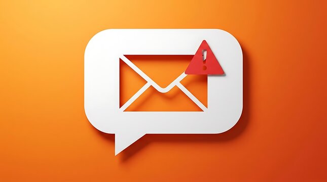 Email spam alert icon on orange background, 3D mail notification with red warning triangle, digital security and phishing message concept