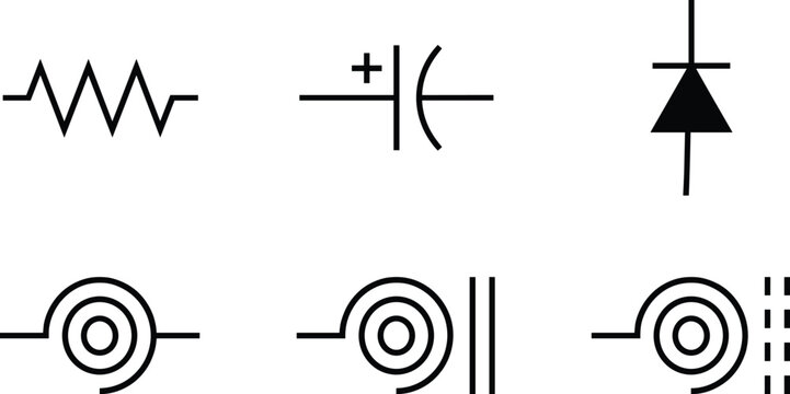 Electronic Circuit Symbols Set with Resistor, Polarized Capacitor, Diode, and Inductors for Engineering SchematicsElectronic Circuit Symbols Set with Resistor, Polarized Capacitor, Diode,