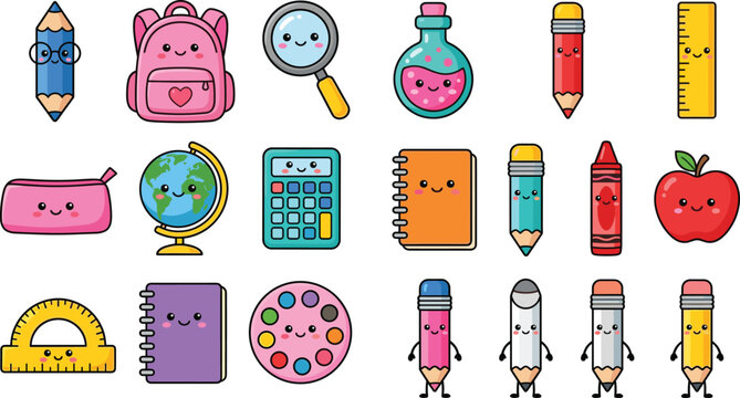 Cute school supplies set. Funny cartoon characters with faces. Back to school vector illustration.Cute school supplies set. Funny cartoon characters with faces. Back to school vector illustration.