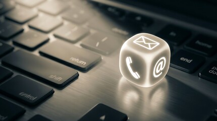 Obraz premium Glowing contact icons cube on laptop keyboard, digital communication symbols for support and service, customer help desk and online messaging concept