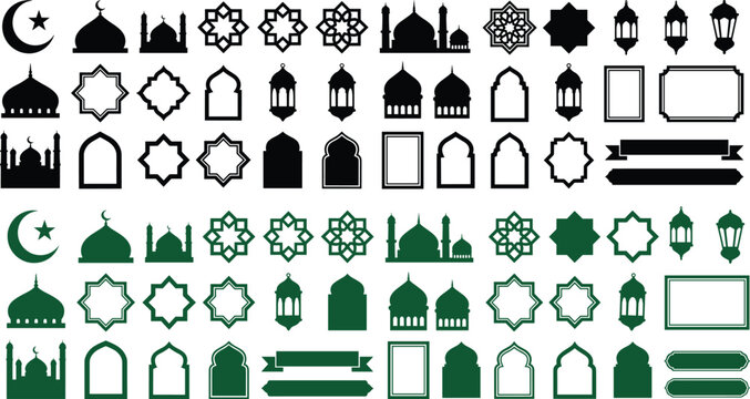 Islamic design elements set. Mosque silhouettes, arabesque patterns, lanterns, and frames for Ramadan.Islamic design elements set. Mosque silhouettes, arabesque patterns, lanterns