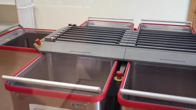 Automated sorter machine moving packages into bins on a conveyor belt system, demonstrating an industrial automated distribution, fulfillment and logistics process