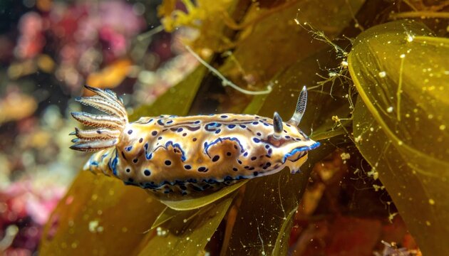 Exotic Nudibranch with Intricate Yellow and Blue Patterns on Body, Macro View in Marine Habitat