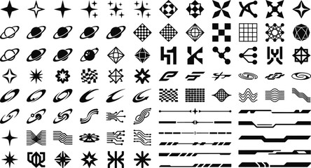 Y2K retro futuristic vector shapes asset pack including chrome stars saturn planets brutalist cross icons and techno tech elements vector illustration © Abul