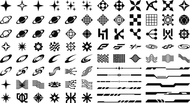 Y2K retro futuristic vector shapes asset pack including chrome stars saturn planets brutalist cross icons and techno tech elements vector illustration