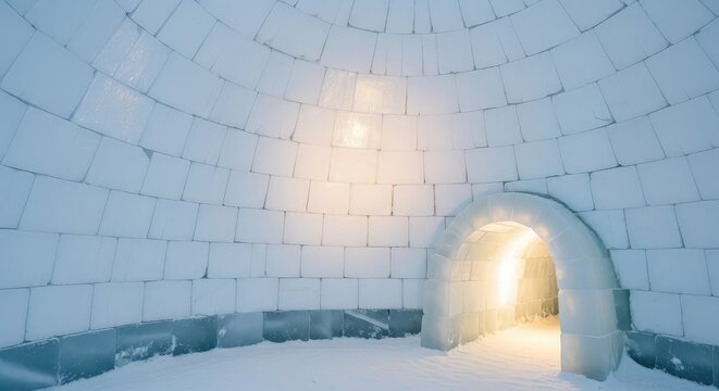 Interior view of a traditional snow dome featuring stacked ice blocks, a low tunnel entrance, and a soft glow reflecting off white walls, survival, interior, structure