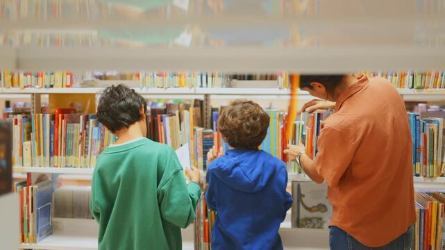 Curious kids with their dad choosing books from a bookshelf in a public library, promoting childhood education, reading culture, and knowledge development in a bookstore setting