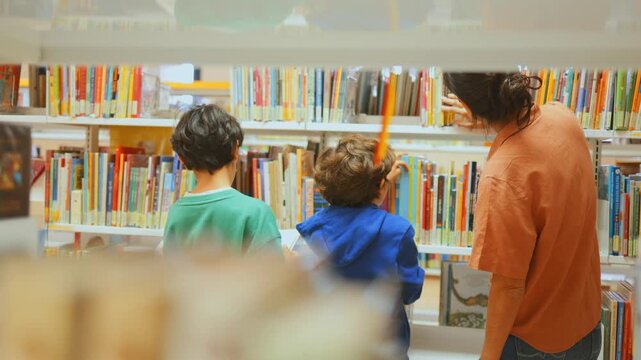 Mother and sons choosing books from a bookshelf in a public library, kids exploring literature and education, family activity promoting learning, reading and knowledge