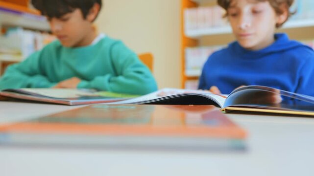 Children reading interesting books in a library, focusing on the turning pages, with two diligent students sitting at a table immersed in their educational stories