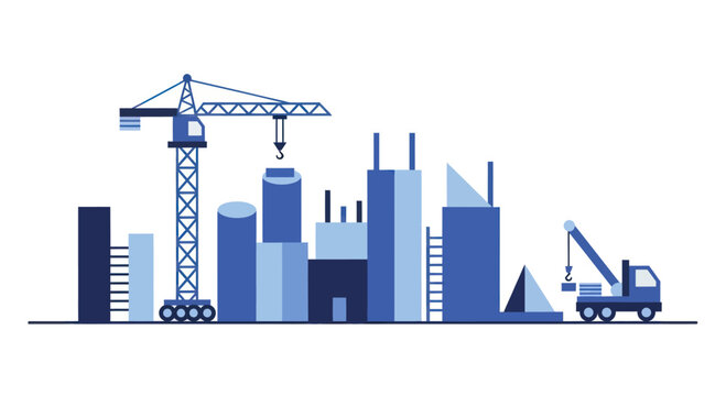 Urban construction site with cranes and buildings under development.