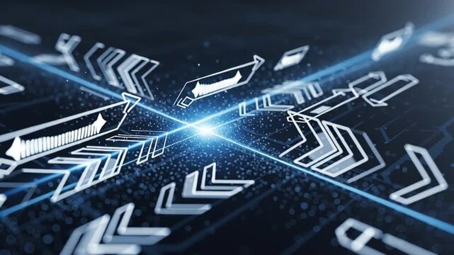 A closeup of a blue computer electronic circuit board and semiconductor processor chip represents the digital technology hardware used in modern banking, finance, and engineering industry equipment