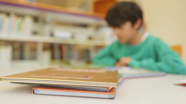 Young student learning and borrowing books in a school library, developing knowledge, imagination, and a love for reading through education and literature exploration
