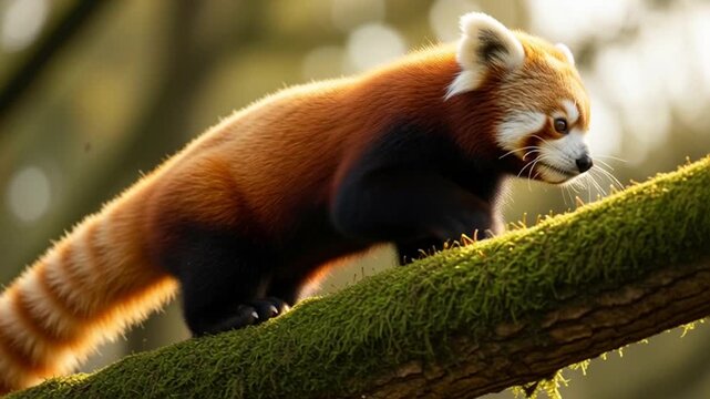 A cute endangered red panda, a rare wild mammal also known as a firefox or lesser panda, sits in a tree eating bamboo in its natural Asian wildlife habitat