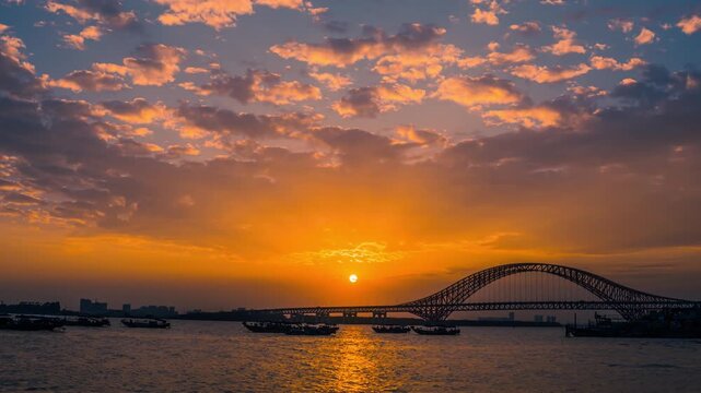 Sunset over Lupu Bridge on Huangpu River in Shanghai in Lupu Bridge, Huangpu River, Shanghai, China