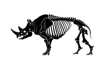 Fototapeta premium Rhino Skeleton Illustration: A stark, black and white illustration depicting the detailed skeleton of a rhinoceros, showcasing its powerful bone structure and iconic horn.