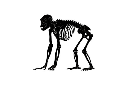 Primate Skeleton Silhouette: A stark black silhouette of a primate skeleton, showcasing its skeletal structure with detailed bone formation and posture.
