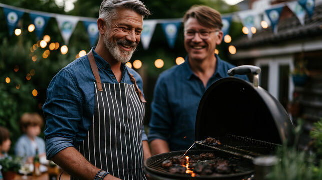 A blended family barbecue in a back garden, World Environment Day bunting overhead, two dads managing a grill while children from both households chase fireflies, ideal for blended family, summer ce