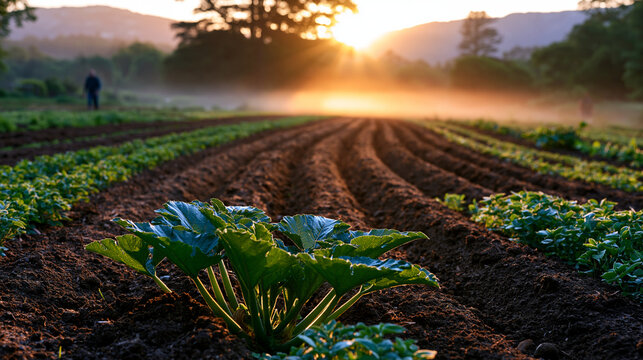 Wide rural panorama of a June dawn mist over a small-scale hyperlocal farm where a single farmer walks crop rows of heirloom squash and dried bean varieties, fog still lying between the furrows, per