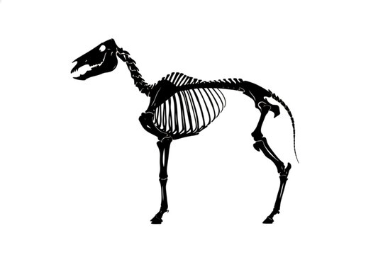 Horse Skeleton Anatomy: A detailed black and white illustration of a horse skeleton, showcasing the intricate bone structure and articulation, perfect for educational and scientific purposes.