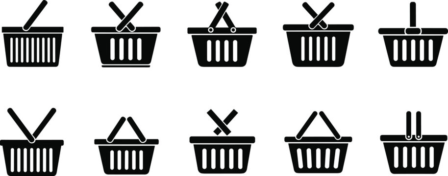 Shopping basket silhouette collection, minimal black vector design set, retail and commerce icons for store, market, purchase, and consumer illustration