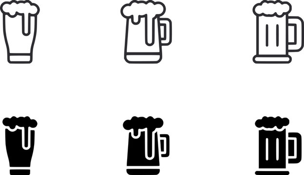 eer Glass and Mug Icons Set with Foam in Outline and Solid Style for Bar and Pub Design