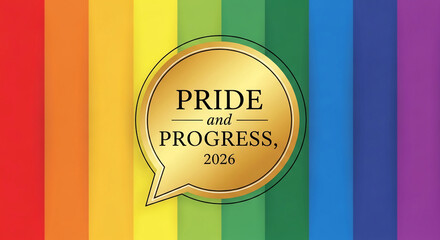 Obraz premium Colorful rainbow stripes form a background for a golden speech bubble with 
