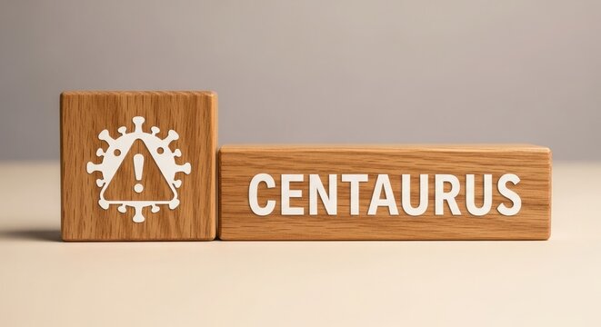 Two wooden blocks with Centaurus and warning sign on a table with a grey background in a studio setting for business concept