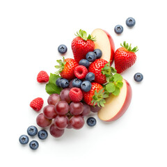 Obraz premium Fresh fruit assortment strawberries grapes blueberries and apple slices.