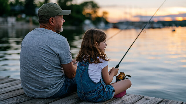 A grandfather and granddaughter fishing side by side on a dock at summer solstice twilight, lines in still water, comfortable silence between generations, perfect for grandparent bonding, summer eve