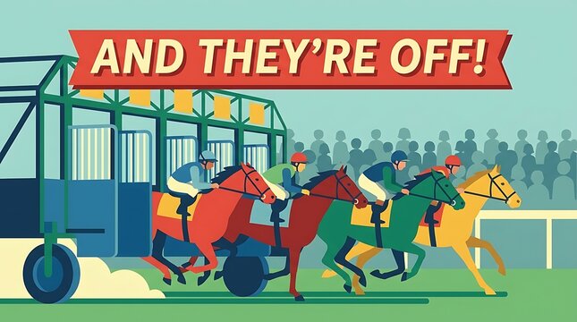 Flat illustration of starting gate opening, text &ldquo;And They&rsquo;re Off!&rdquo;