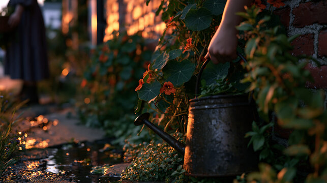 A narrow city alley at twilight where a guerrilla gardener tends a wall of climbing nasturtiums and wild mint grown from pavement cracks, watering can in hand, brick walls glowing in last light, per
