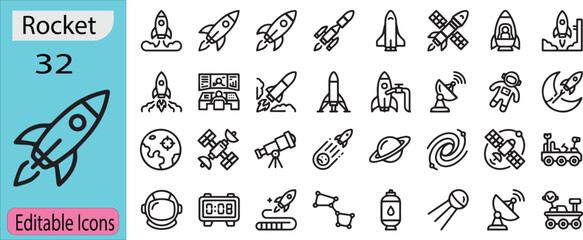 Rocket space editable outline icons collection featuring astronaut satellite spacecraft galaxy launch exploration vector illustration design set © Md