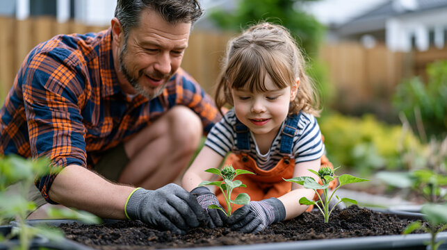 A stepfather and young stepdaughter planting sunflower seedlings together in a back garden, mismatched gardening gloves, comfortable silence between them, ideal for blended family, summer gardening,