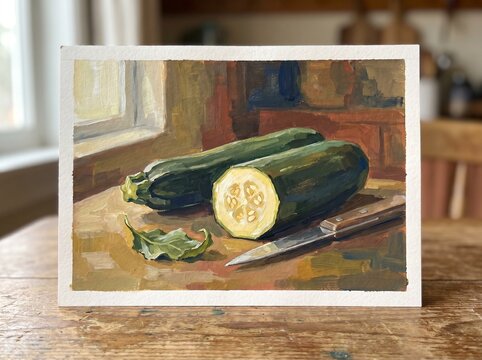 Gouache Still Life Eye-Level Rustic Illustration of Zucchini Courgette Cucumber Vegetable with Cut Half Seeds and Soft Window Light on Wooden Table