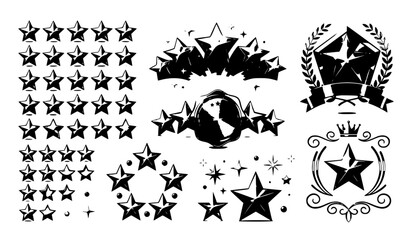 Obraz premium Luxury Gold Star Rating Vector Collection with Premium Review and Quality Icons