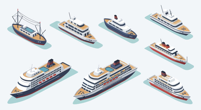 Collection of Various Cruise Ships and Yachts Rendered in Isometric Style.