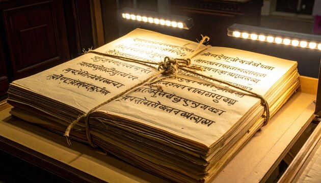 An ancient Sanskrit palm leaf manuscript, carefully calligraphed with traditional script, bound by rope, showcasing historical and cultural heritage.