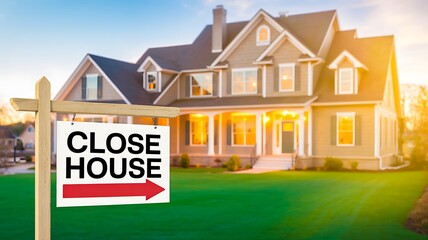 Fototapeta premium Close house sign in front of luxury suburban home at sunset