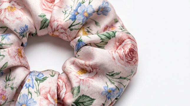 Floral silk hair scrunchie on white background
