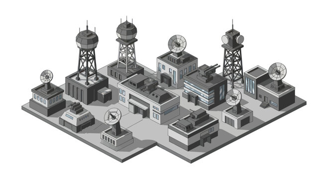 Communication towers and satellite dishes arrayed in a complex.