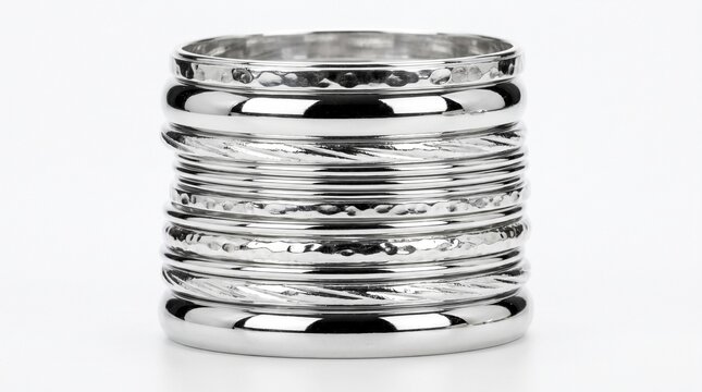 Stacked silver bangles on white background