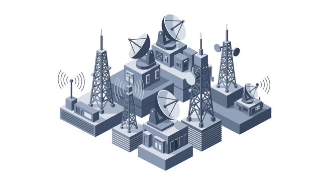 Communication towers and satellite dishes arrayed in a network.