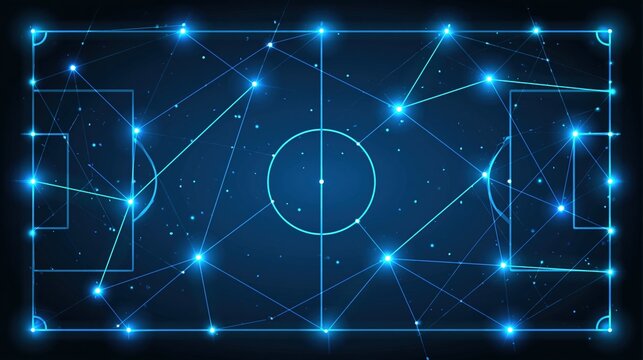 Digital neural network football strategy background with glowing nodes on pitch lines