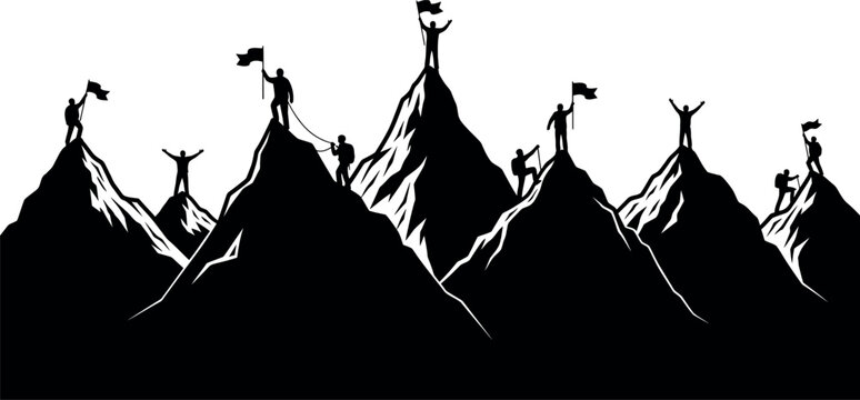 Mountain climbing success silhouette people reaching peaks with flags teamwork and achievement