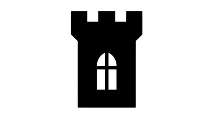 Fototapeta premium Minimal black silhouette icon, simple flat vector, bold black shape, no, no shading black silhouette of a medieval castle tower with a gothic arched window on a, flat icon style