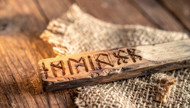 Intricately carved wooden runic calendar stick displaying ancient Norse symbols on rustic surface