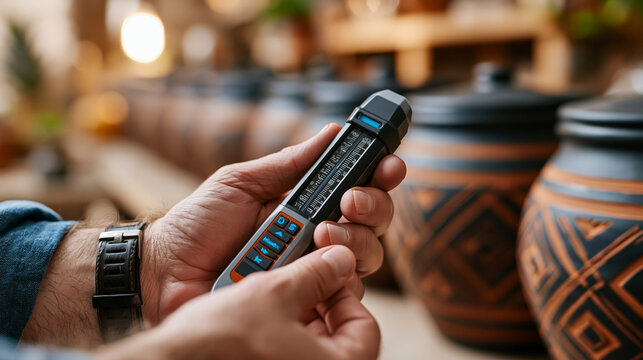 Close-up of artisan vinegar maker's hands holding a refractometer up to afternoon sunlight, measuring acidity of raw pineapple vinegar, a row of clay crocks blurred behind in a warm workshop, ideal 