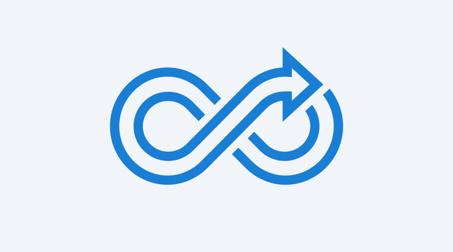Blue infinity loop symbol with an arrow indicating continuous cycle, endless process, perpetual motion, and sustainability.