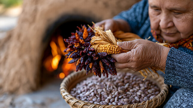 Close-up of elderly Indigenous hands weaving dried chili peppers and corn husks into a traditional ristra beside a clay horno oven, warm afternoon light on brown adobe, a bowl of heritage beans besi
